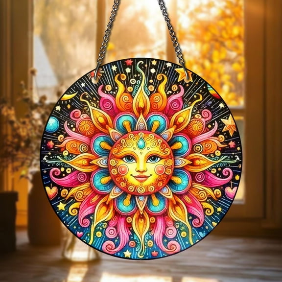 Boho Sun STAINED GLASS Suncatcher Ã¢â‚¬â€œ Vibrant Celestial Sun Face Window Hanging Ã¢â‚¬â€œ Colorful Sunburst Art Panel for Garden or Home Decor