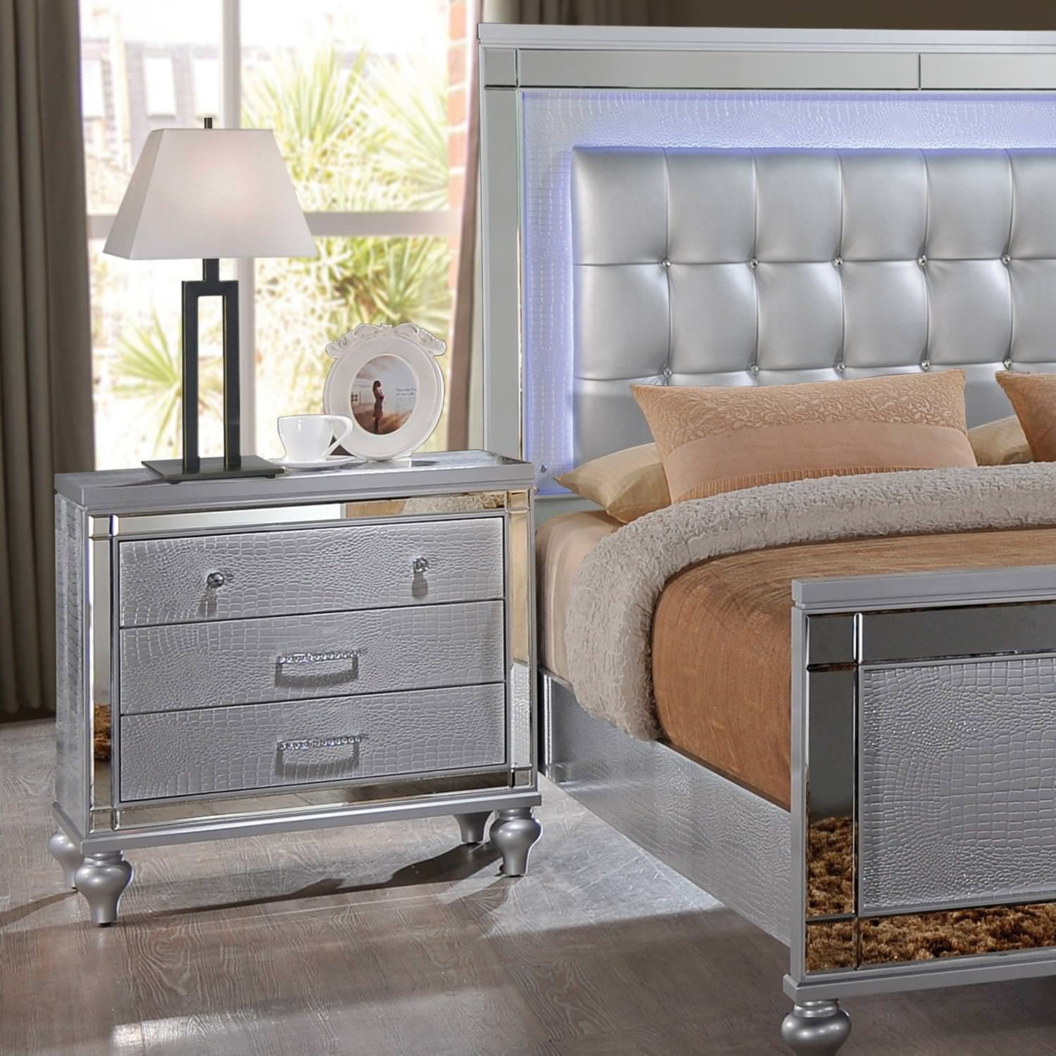 Home Source Kelly 3 Drawer Silver Nighstand With Textured Faux