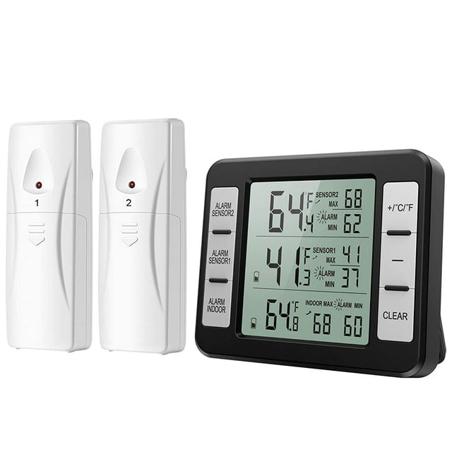 FrostHike Refrigerator Thermometer. Wireless Digital Freezer Thermometer with 2 Wireless Sensors. Audible Alarm. Min and Max Display. LCD Display for Home. Restaurants. Bars. Black