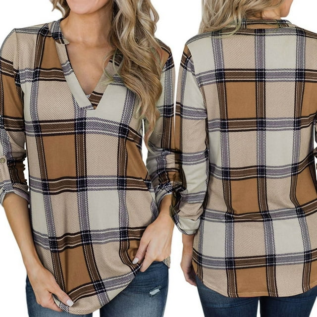 Mikilon Femmes Décontracté Ample à Carreaux Imprimé Col en V Chandail à Manches Longues