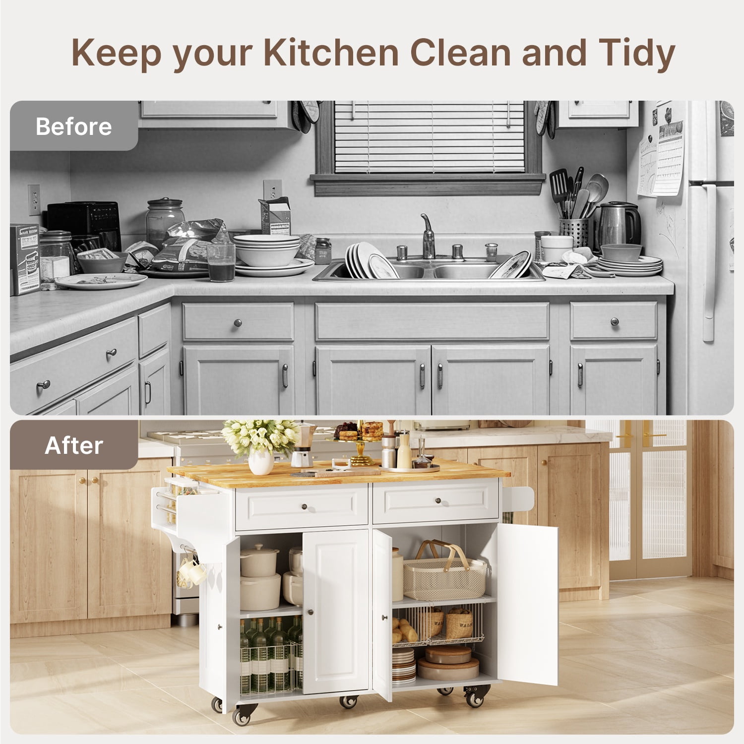 Noelse Rolling Kitchen Island Table with Storage, Drop Leaf Countertop, Kitchen Island with Rubber Wood Top, Cabinets & Rack, White