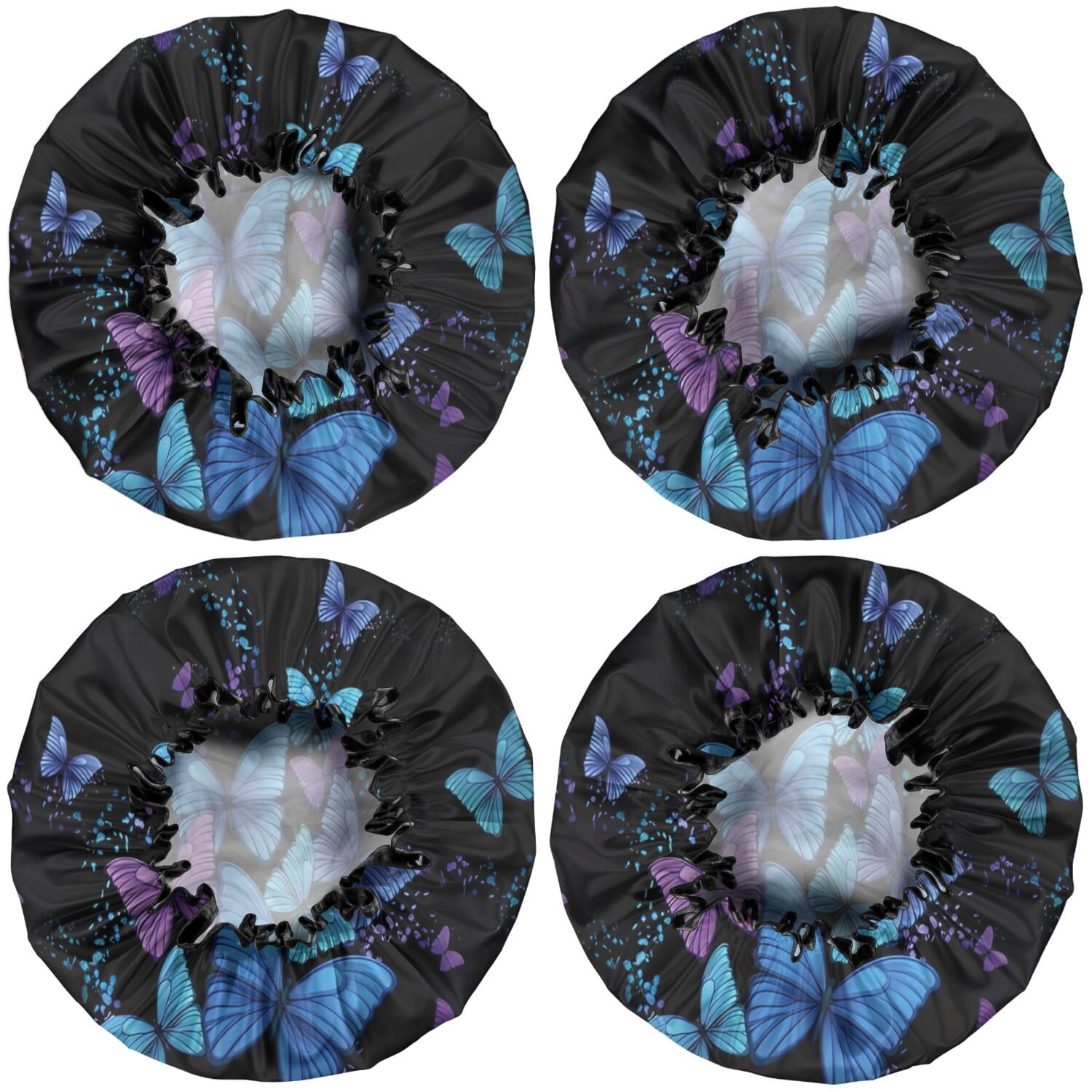Shower Caps,Black Blue Purple Butterfly Pattern Waterproof Shower Cap for Women 4 Pieces,Double Reusable Hair Cover for Shower PEVA Elastic Stretch Hem