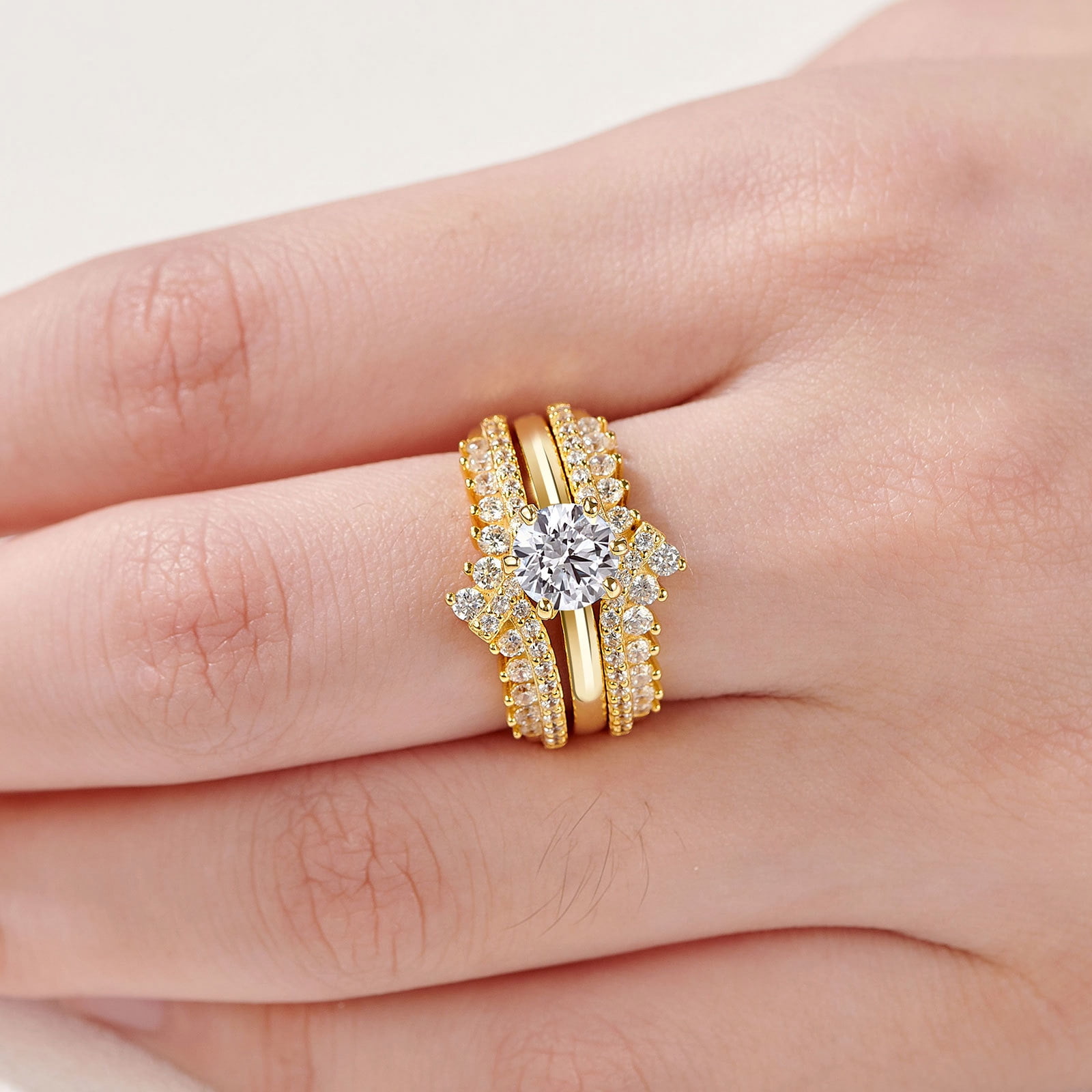 Newshe Jewellery Wedding Rings for Women Ring Enhancer Band Bridal Set Sterling Silver Yellow Gold Plated Cz Size 5.5