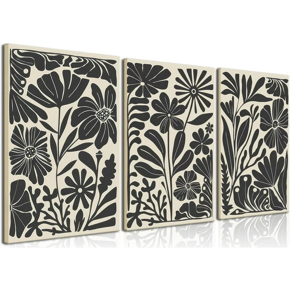 Black Beige Abstract Floral Botanical Canvas Framed Wall Art Prints Minimalist Modern Boho Flower Market Painting Poster Pictures Wall Decor for Bedroom Livingroom 12"x16"x3