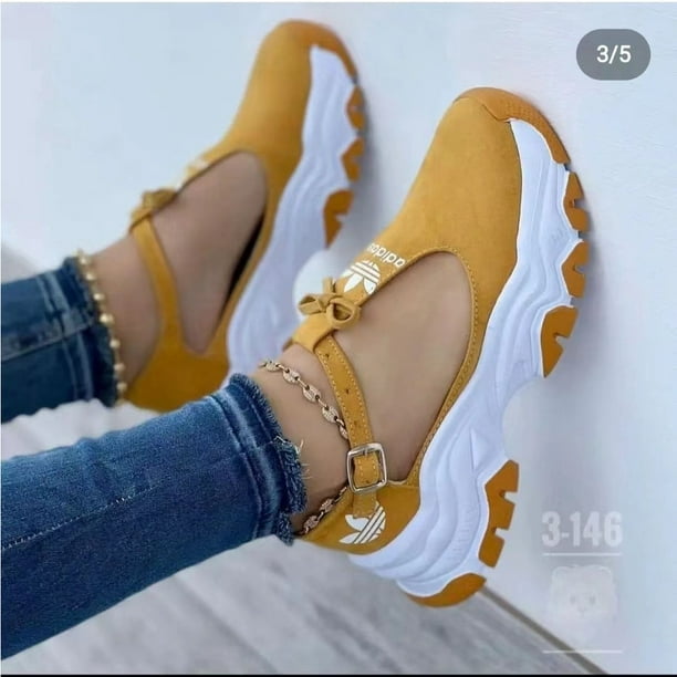Tenis Mujer 2023 Otoño Nuevo Color Suela Gruesa Contraste Gamuza Hebilla Lazo Europea Y Americana Casual Solo Gao Jiahui unisex