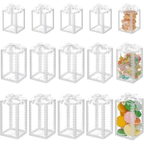36Pcs 3 Sizes Clear Favor Boxes With Bowknot Transparent Plastic Box with White Lace Pattern Clear Gift Box for Wedding Party Bridal Shower Gift Wrapping DIY