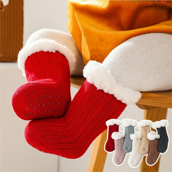 Hwmodou Baby Boy Girl Solid Ankle Crew Socks With Grips Toddler Kids Unisex Lined Warm Thick Socks Fashion Comfy Actice Fit,0M-3Y