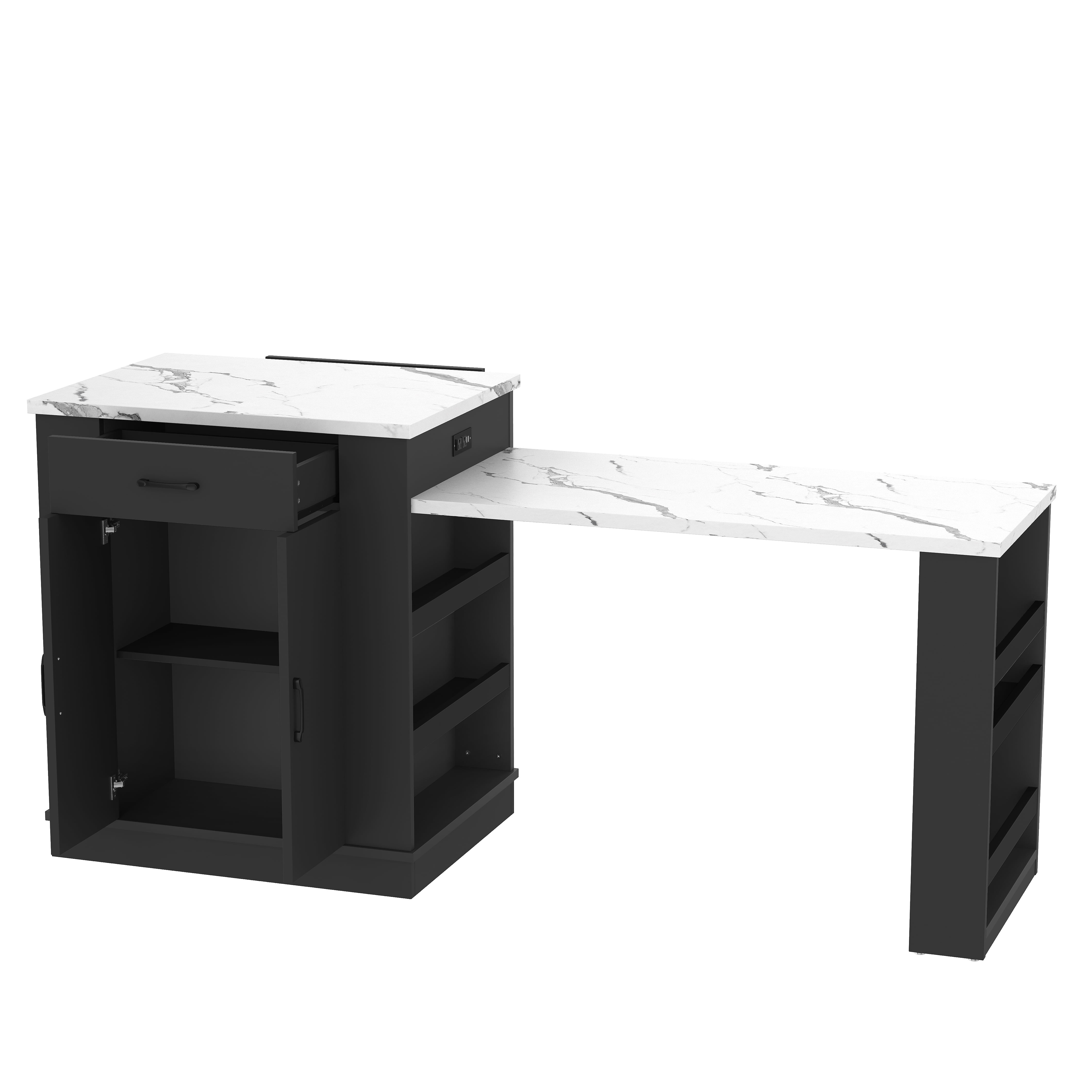 Large Extendable Kitchen Island for Family Use, Dining Table and Breakfast Bar with Storage Drawers, Cabinet Doors and Open Shelves, Ideal for Kitchen and Dining Room, Black