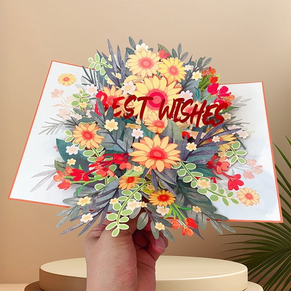 Best Wishes 3D Pop Up Card, Bouquet Thank you Card Floral Flower Card Greeting Card with Envelope Handmade Flowers Box Cards for New Year Anniversary Valentines