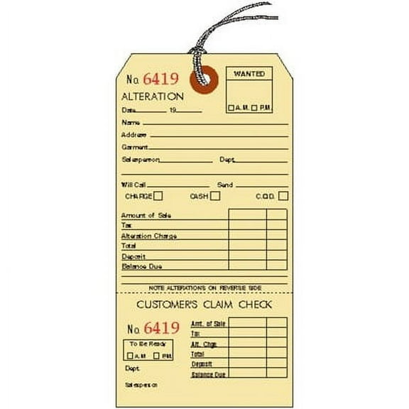 Linco ALTERATION Tag with Tear-Off Claim Check, Numbered, Manila Stock, Looped String, 6.25" x 3.125" - PACK OF 500 TAGS