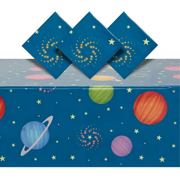 3 Pack Plastic Outer Space Tablecloths, Disposable Planets Table Covers for Galaxy Birthday Party Decorations (54 x 108 In)