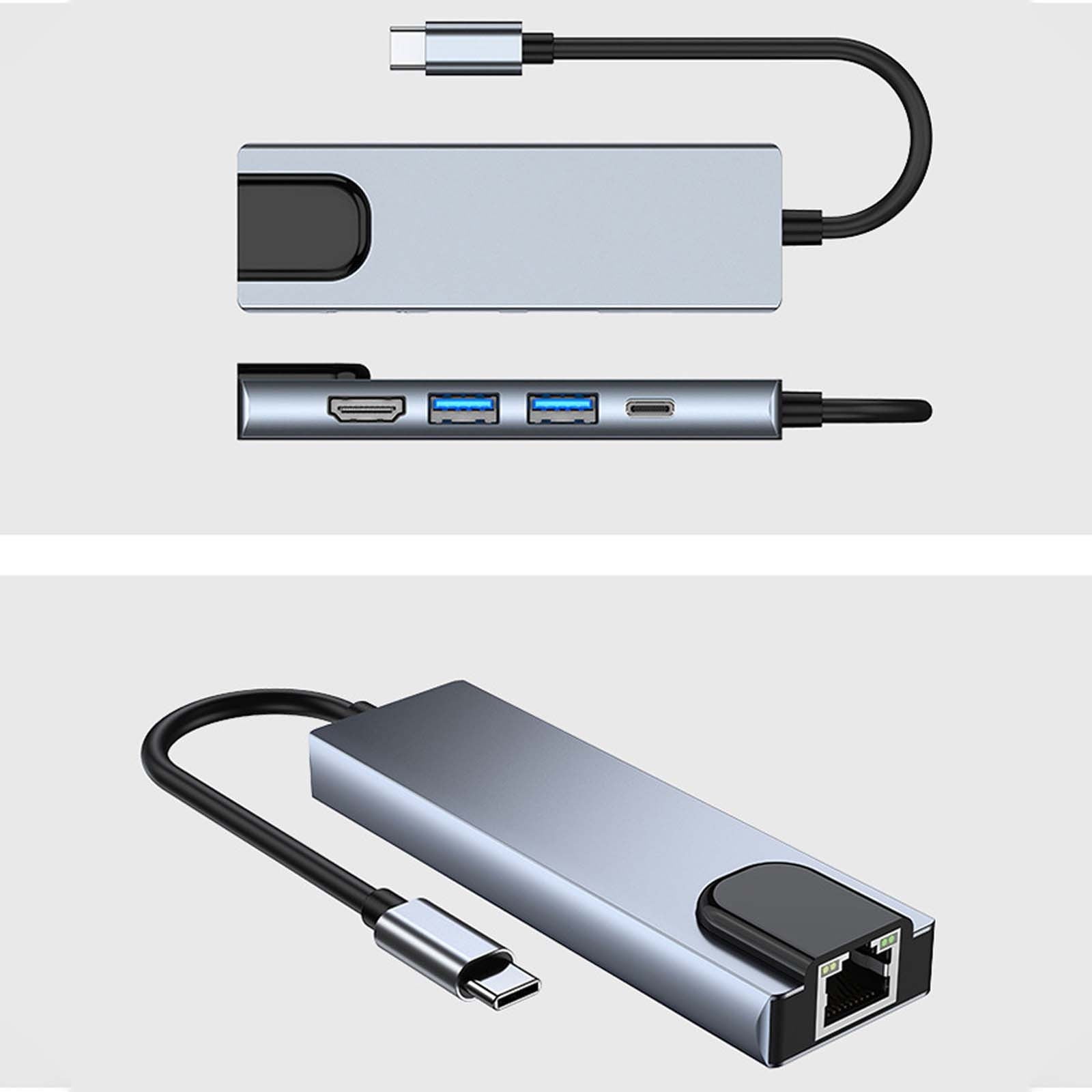 5 in 1 Type C Network Hub Adapter, USB C to HDMI USB 3.0 USB 2.0 RJ45 Ethernet PD Charging, Aluminum Alloy for Laptop