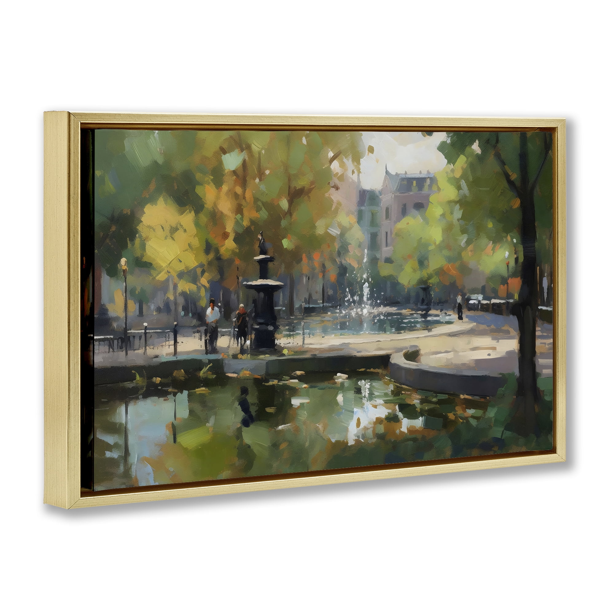 Stupell Industries Autumn Reflections at Park Fountain Gold Framed Floater Canvas Wall Art, design by Creative Studio
