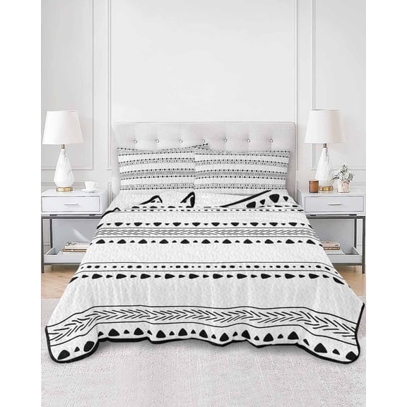 Quilts King Size, White Boho Geometric Soft Comforter Bedding Set for Bed, Abstract Art Dots Striped Lightweight Quilted Bedspread with Pillow Cover(2 Pieces) for All Season, 96x106 Inch