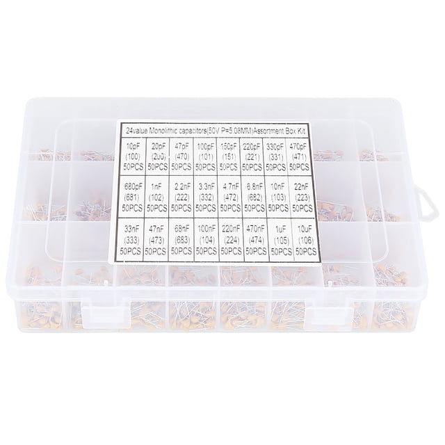 Kit surtido de 1200 condensadores cerámicos monolíticos de 24 valores, 50 V, 10 pF-10 uF