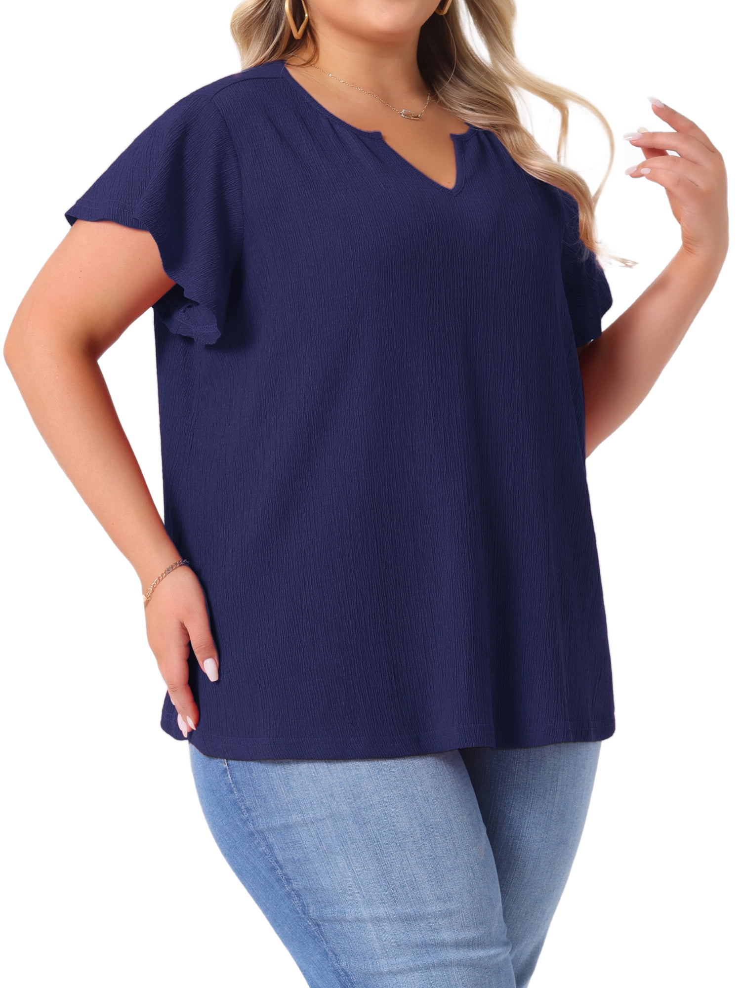 DARING DIVA Women's Plus Tops V Neck Ruffle T Shirt Blouses 2X Navy Blue