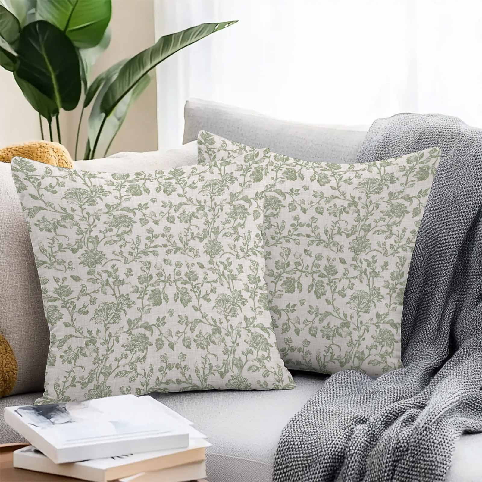 Waterproof Throw Pillow Covers Set of 2, 26x26 Inch Farmhouse Sage Green Decorative Pillowcases Outdoor Pillow Slip Cushion Covers Set for Couch Tent Vintage Flower Leaf Botanical