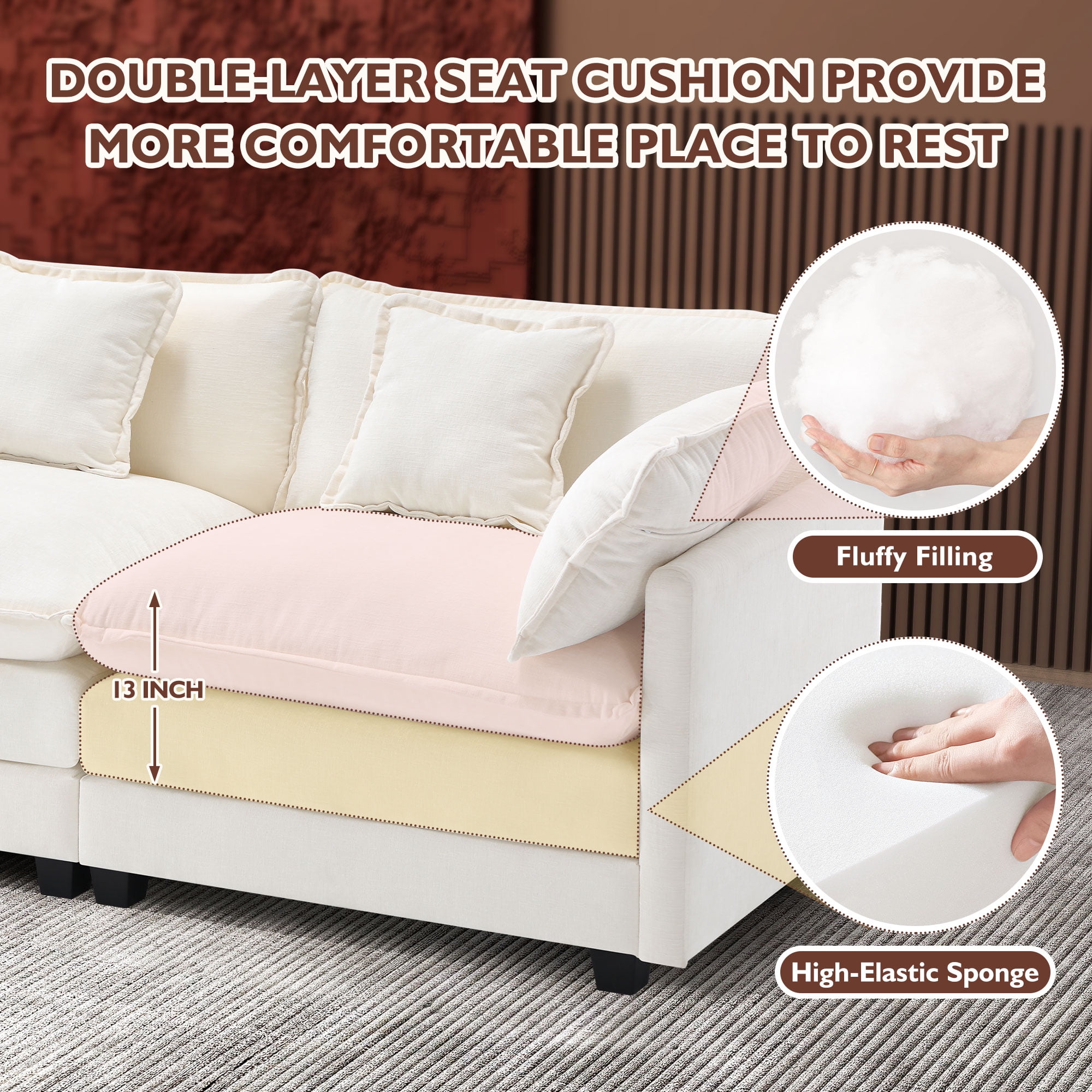 BedLuxury 146.5'' U shape Modular Sectional Sofa with Movable Ottomans, Modern Chenille Deep Seat Couches for Living Room, Apartment, Office, 4-Seat, Beige