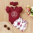thumbnail image 4 of IBTOM CASTLE Newborn Baby Girls Coming Home Outfit Ruffle Romper Short Pants Headband Summer Clothes Set, 3-Piece 6-12 Months Wine Red, 4 of 8