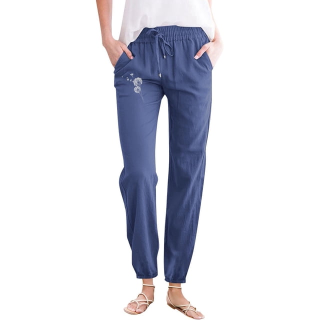 Ladies Pants Casual Simple Fashion Solid Color Pants Partial Dandelion Print Pocket Drawstring Woman Pants Navy L
