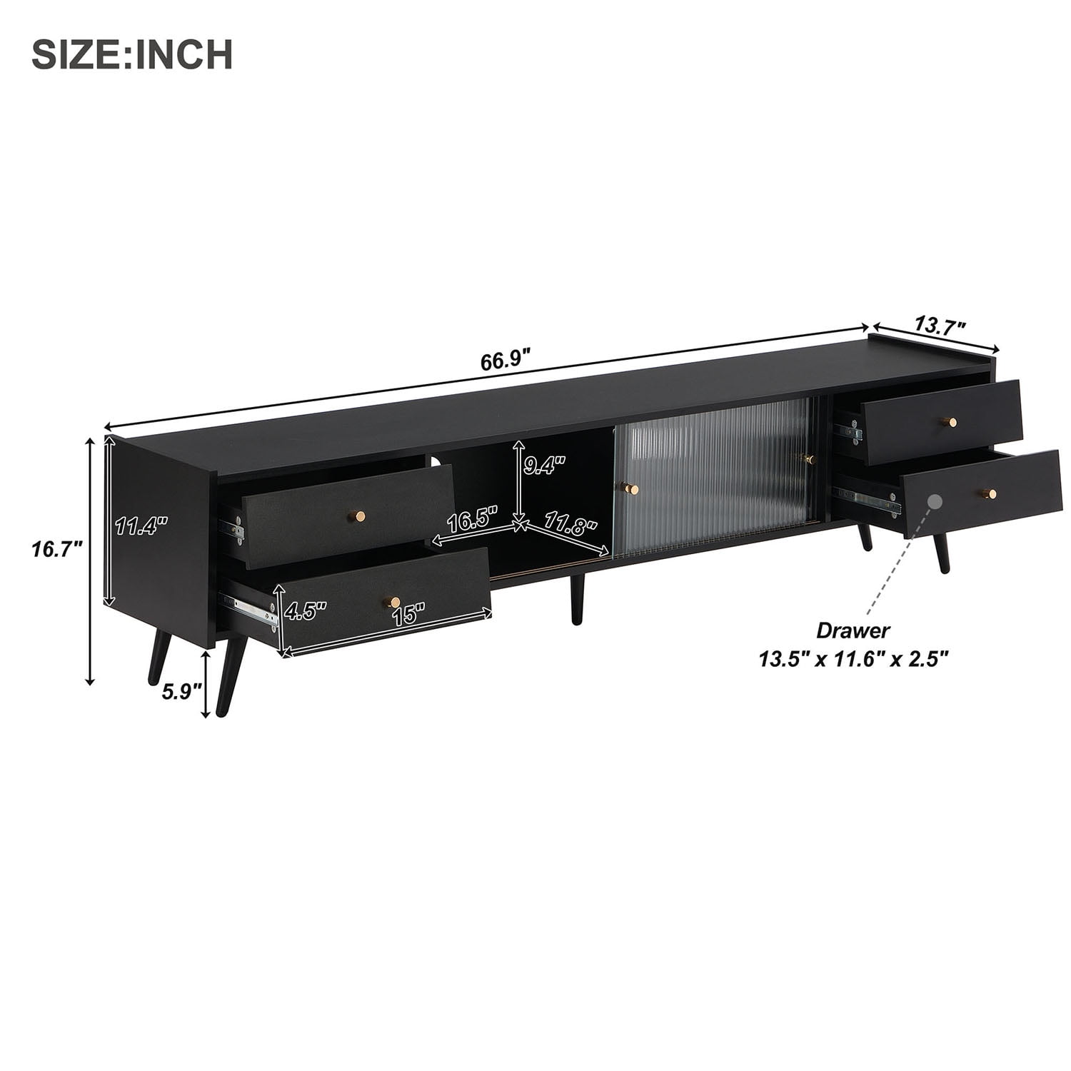 Kadyn MDF TV Stand, Entertainment Center TV Console with Sliding Fluted Glass Doors for TVs Up to 70", Black
