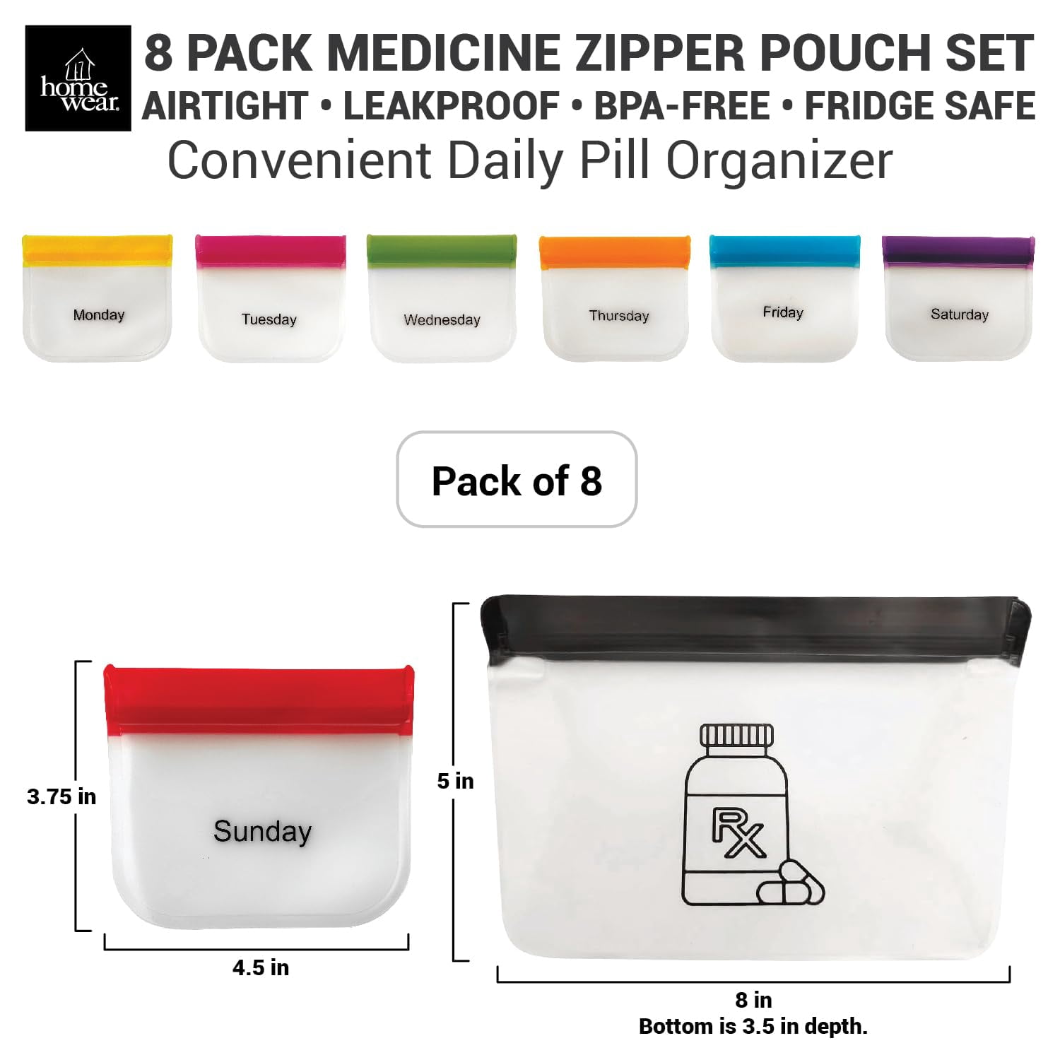 Reusapak 8 Piece Set Zippper Pill Pouch Organizers, Daily Purpose & Travel, Color-Coded Vitamin & Medicine Bags, Airtight Zip, Organize Small Items Bags