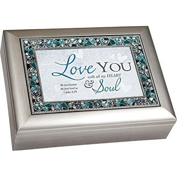 Love You Brushed Silver Finish Jeweled Lid Jewelry Music Box Plays Tune Amazing Grace