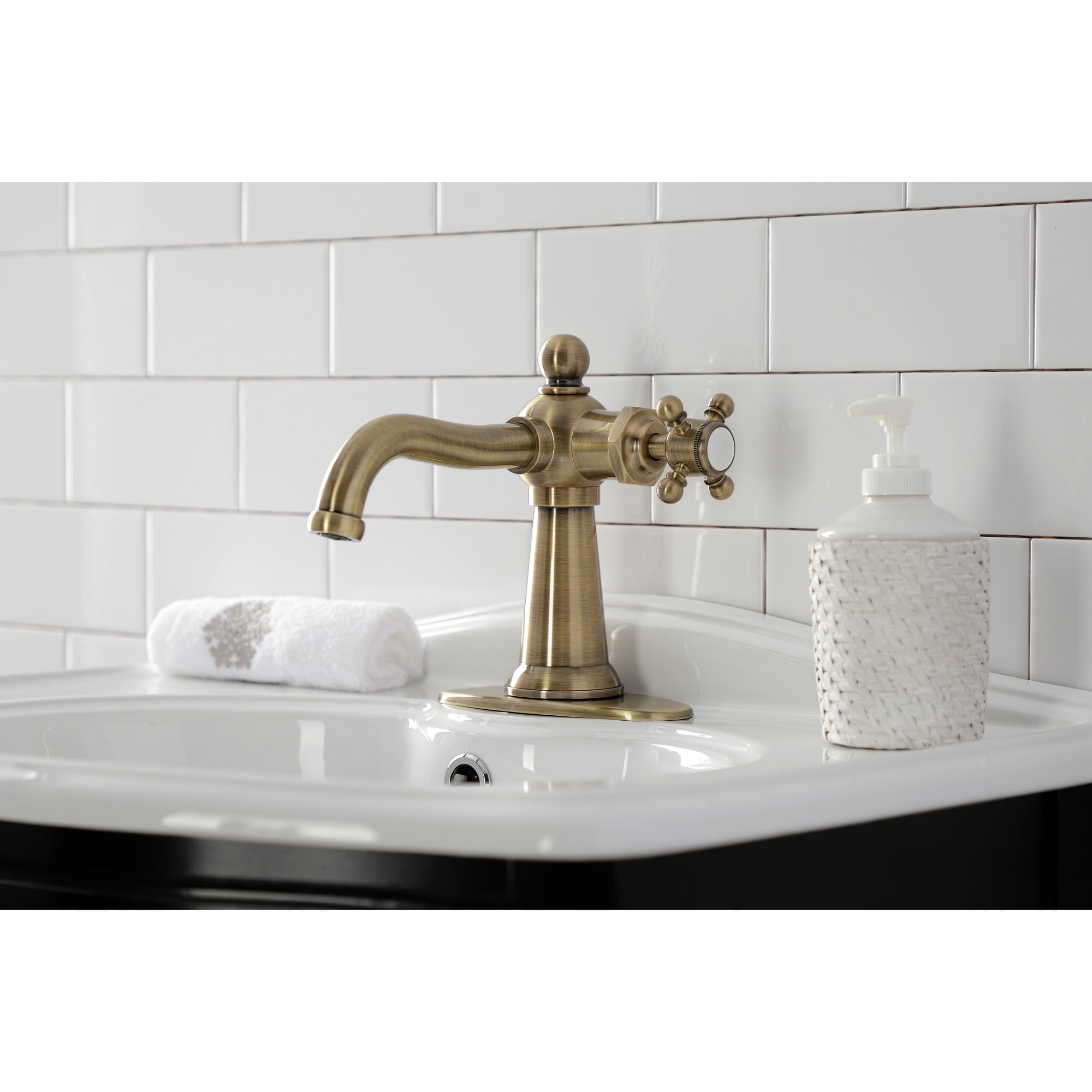 Kingston Brass KSD154BXAB Nautical One-Handle Single-Hole Bathroom Faucet with Deck Plate and Push Pop-Up Drain, Antique Brass