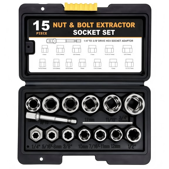 Jcaeh Bolt Extractor Set, 15-Piece High Carbon Steel Impact Nut Remover Kit, 3/8-Inch Drive for Damaged, Rusted Bolts, Car & Garage Repair