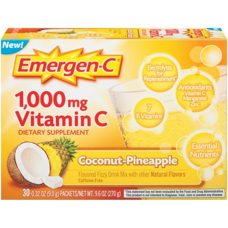 Emergen-C (30 Count, Coconut Pinapple Flavor) Dietary Supplement Fizzy Drink Mix With 1000mg Vitamin C, 0.32 Ounce Packets, Caffeine Free