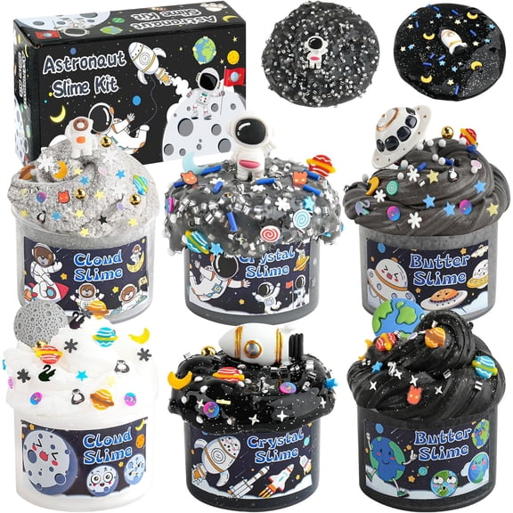 Galaxy Slime Kit for Kids, 6-Pack Cloud Butter and Clear Slimes With Space Add-Ins, 360 mL Black Slime, Party Favors for Boys and Girls