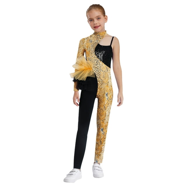 YiZYiF Combinaison de Danse Gymnastique Imprimée à Sequins pour Filles, Jaune 12