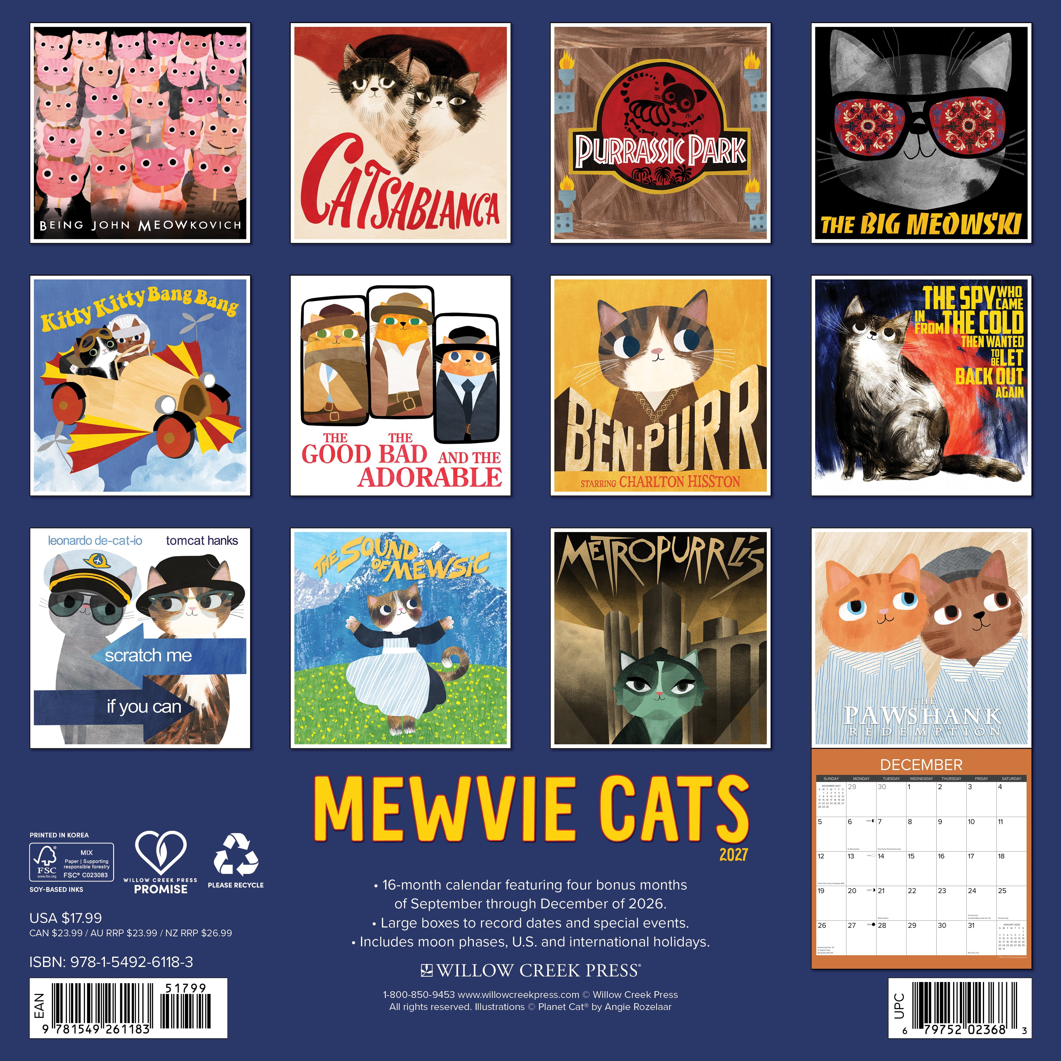 Willow Creek Press, Mewvie Cats 2027 Wall Calendar