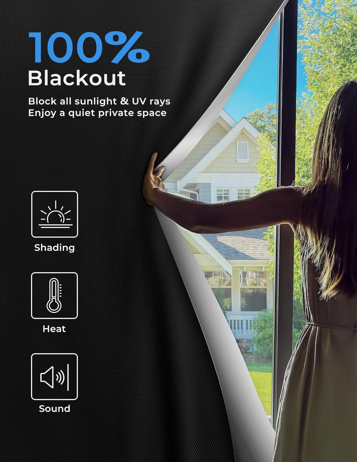 Blackout Curtains, Portable, No Drill Black Out Shades with Upgraded Hook&Loop Tapes, 100% Blackout Window Cover, Thermal Insulated Blinds