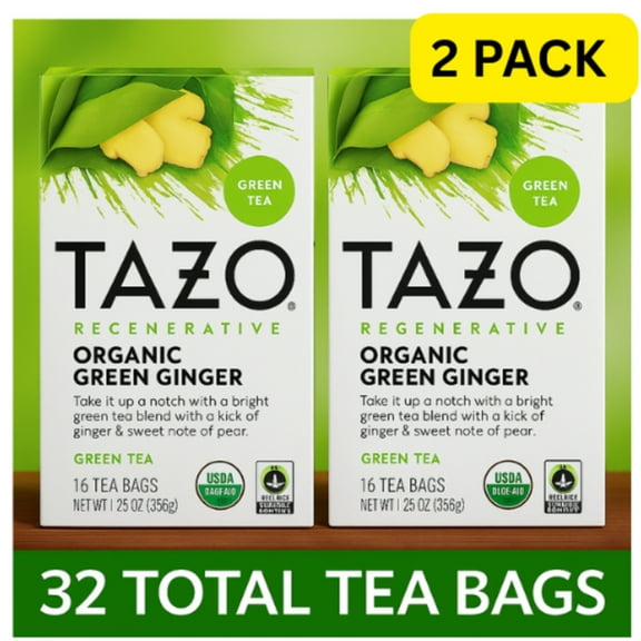 TAZO Organic Green Ginger Green Tea Bags, Caffeinated, 16 Ct (Pack of 2), 32 Total Tea Bags