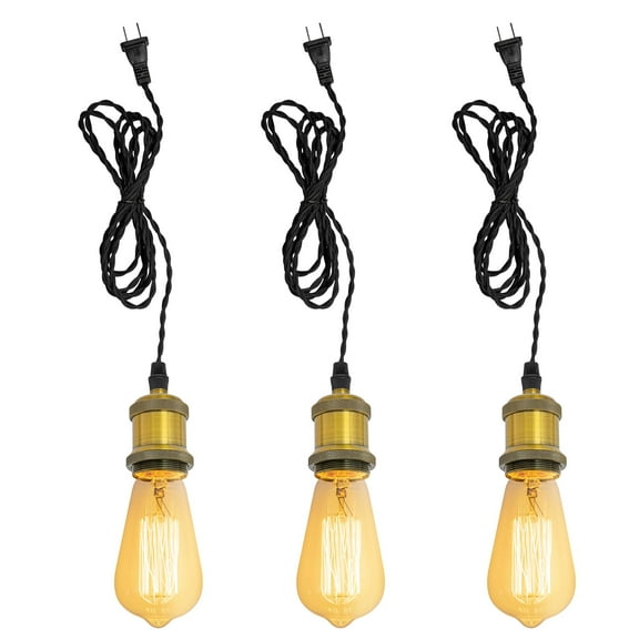 Kiven Vintage Dimmable Pendant Light Plug in, Industrial Hanging Light Fixture with 15FT Twisted Cord, E26 Socket Pendant Light for Bedroom Hallway Kitchen,Gold(3 Pack) Bulb NOT Included