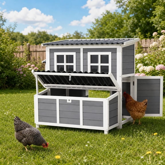 AECOJOY 40'' Large Wooden Chicken Coop with 3 Nesting Boxes, Outdoor Hen House Cage with Ramp and Removable Gray