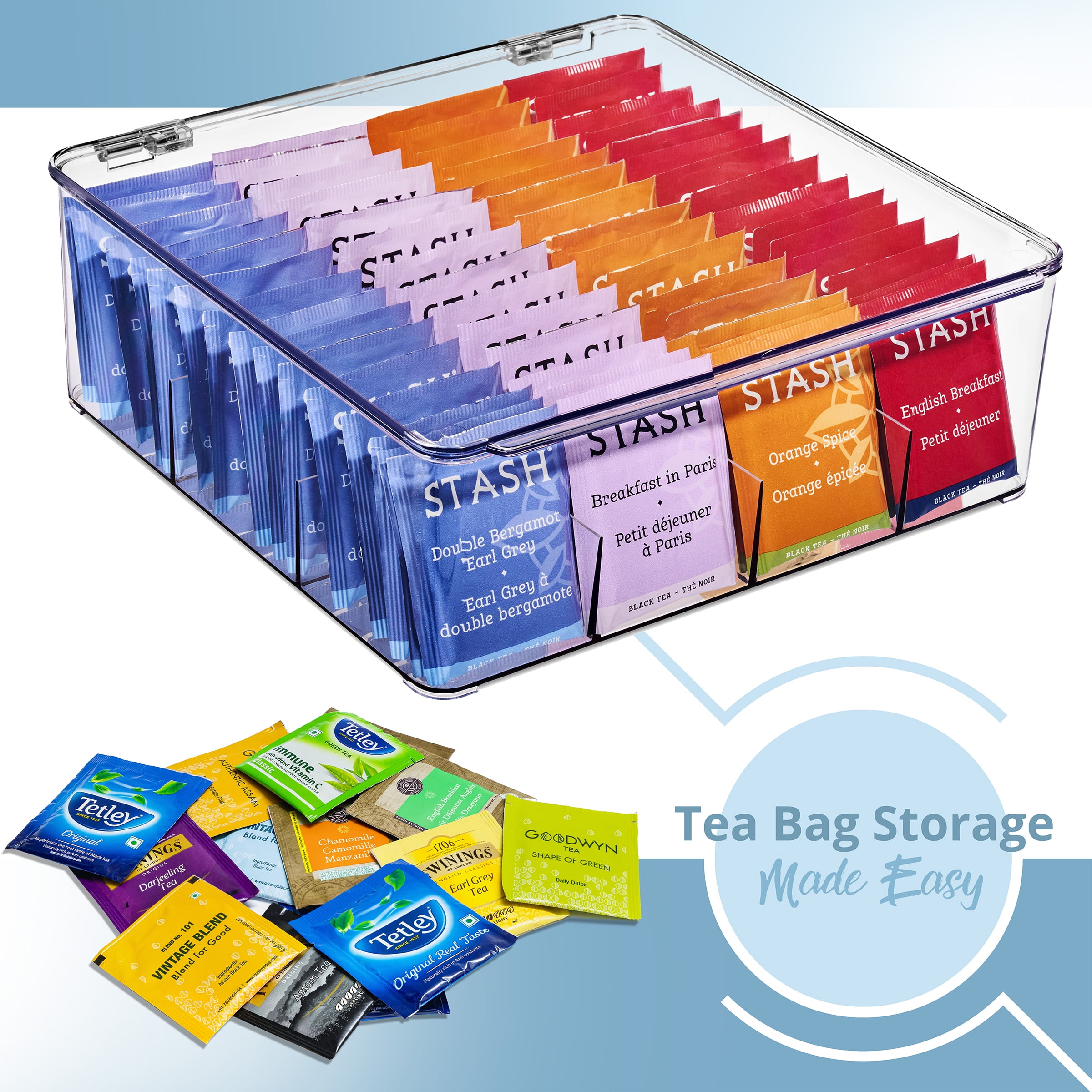 Sorbus Stackable Tea Bag Organizer, 2-Pack Plastic Tea Storage Holders with Hinged Lids, 12 Compartments Each for Kitchen or Pantry