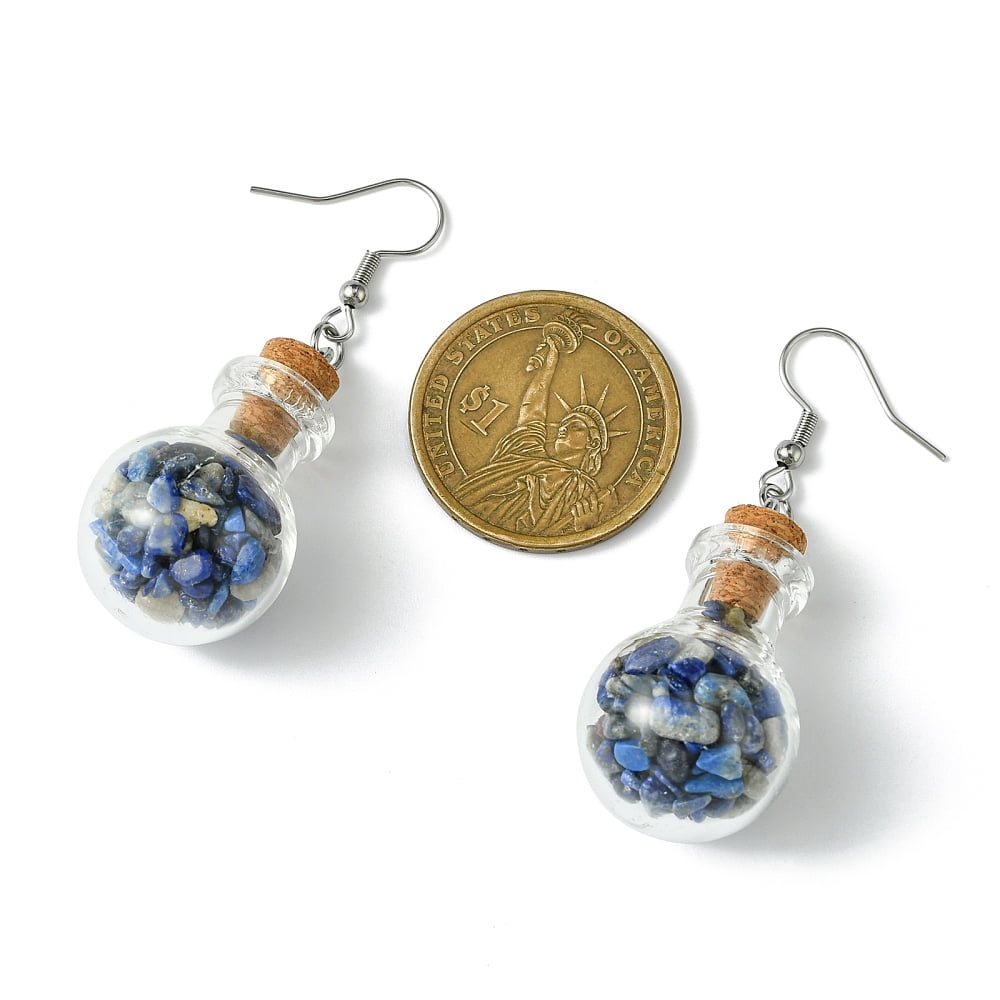 Natural Gemstone Chip Beads with Hole Inside Glass Bottle Dangle Earrings with 304 Stainless Steel Earring Hooks 52mm Pin: 0.7mm
