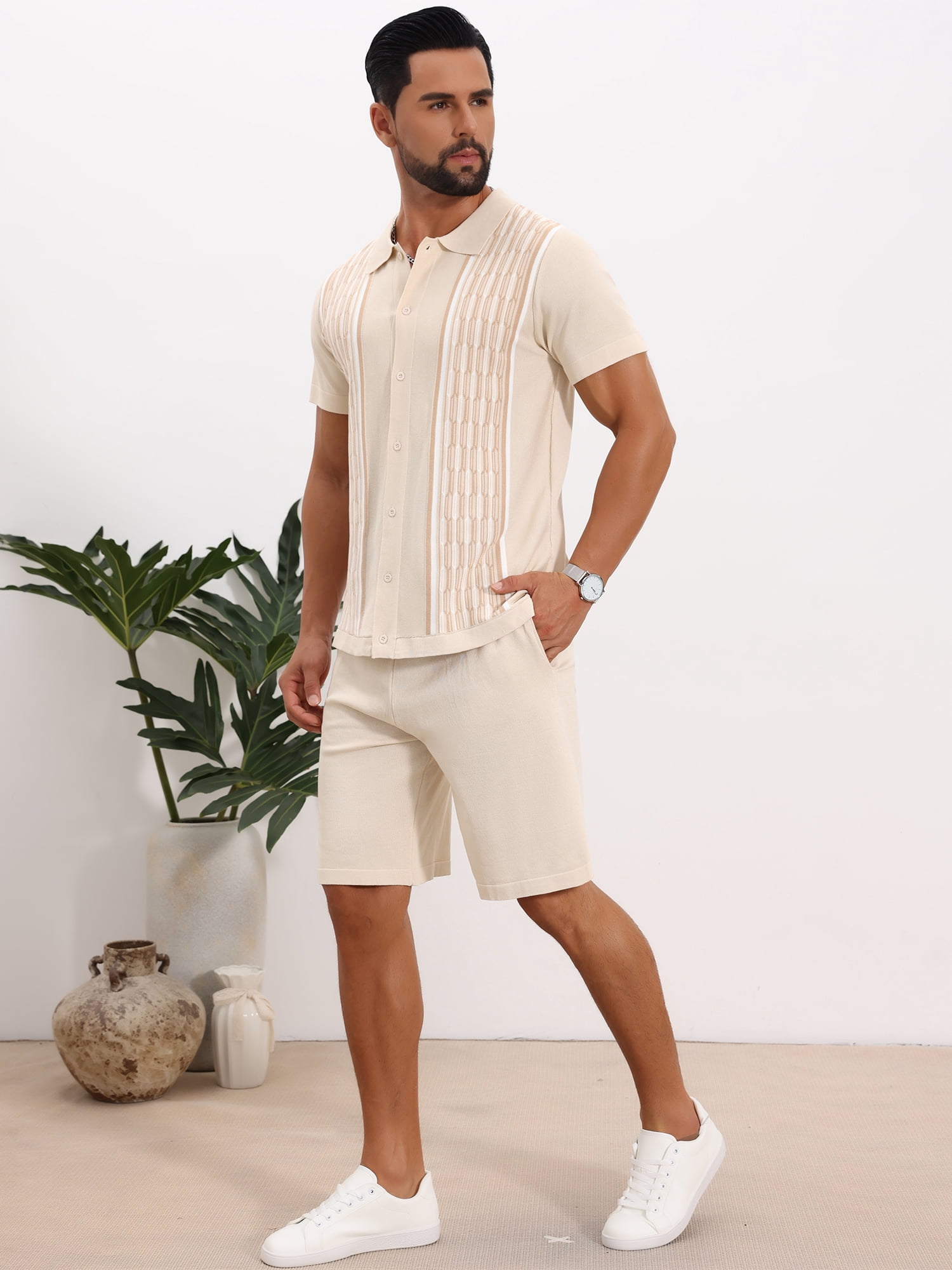 DARING DIVA Men's 2 Pieces Sets Summer Polo Shirt & Shorts Printed Knit Outfits L Beige