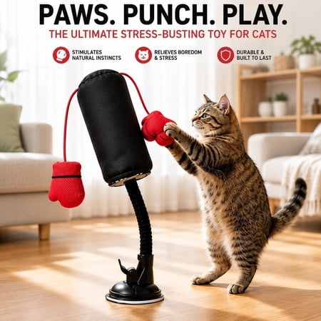 Cat Punching Bag Toy Interactive Punch Cat Toy with Dangling Boxing Gloves Sturdy ABS Suction Cup Base Wobble Cat Boxing Toy for Indoor Cats Exercise & Mental Stimulation Without Battery