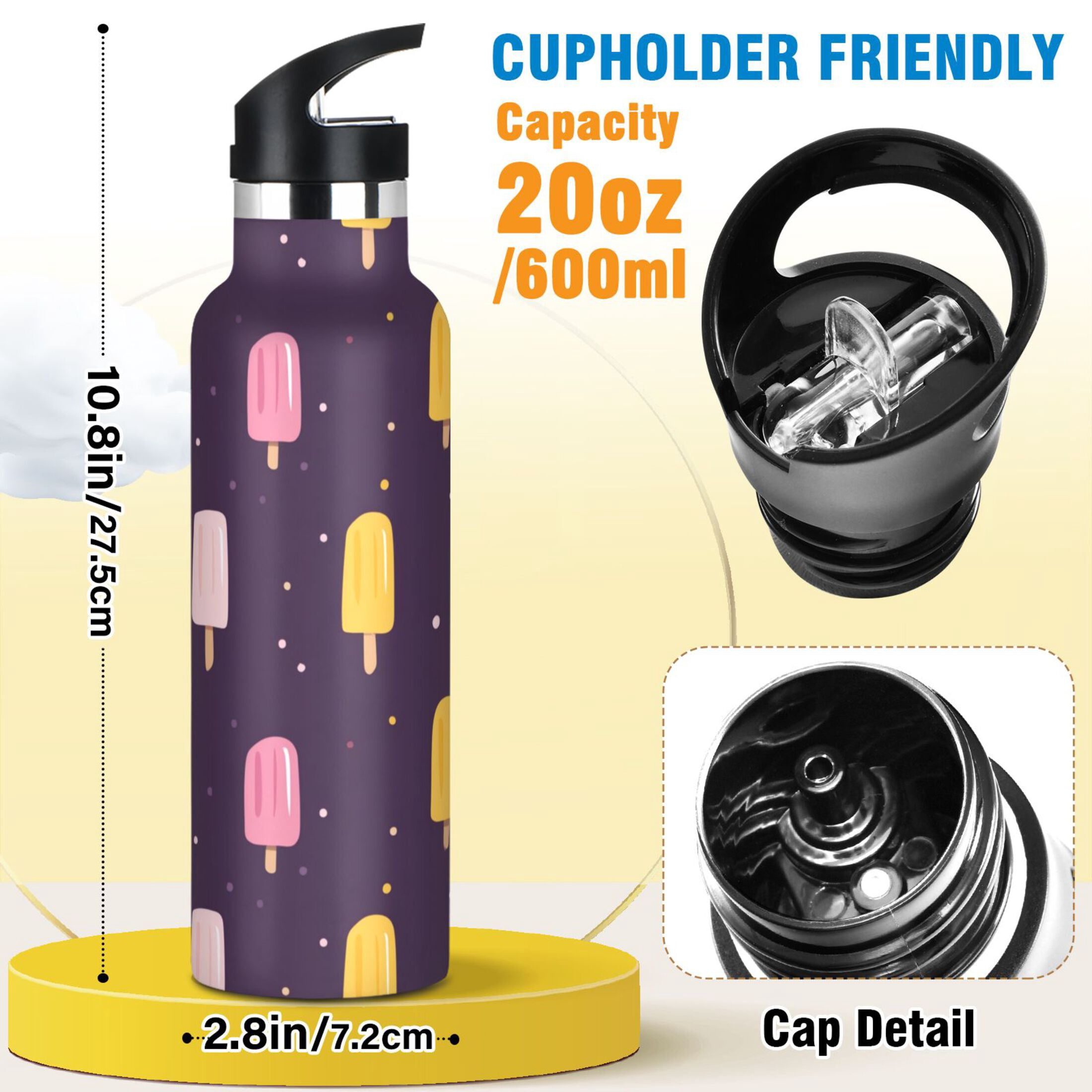 Kids Insulated Stainless Steel Sports Water Bottle 600ml Pink and Yellow Popsicle Pattern