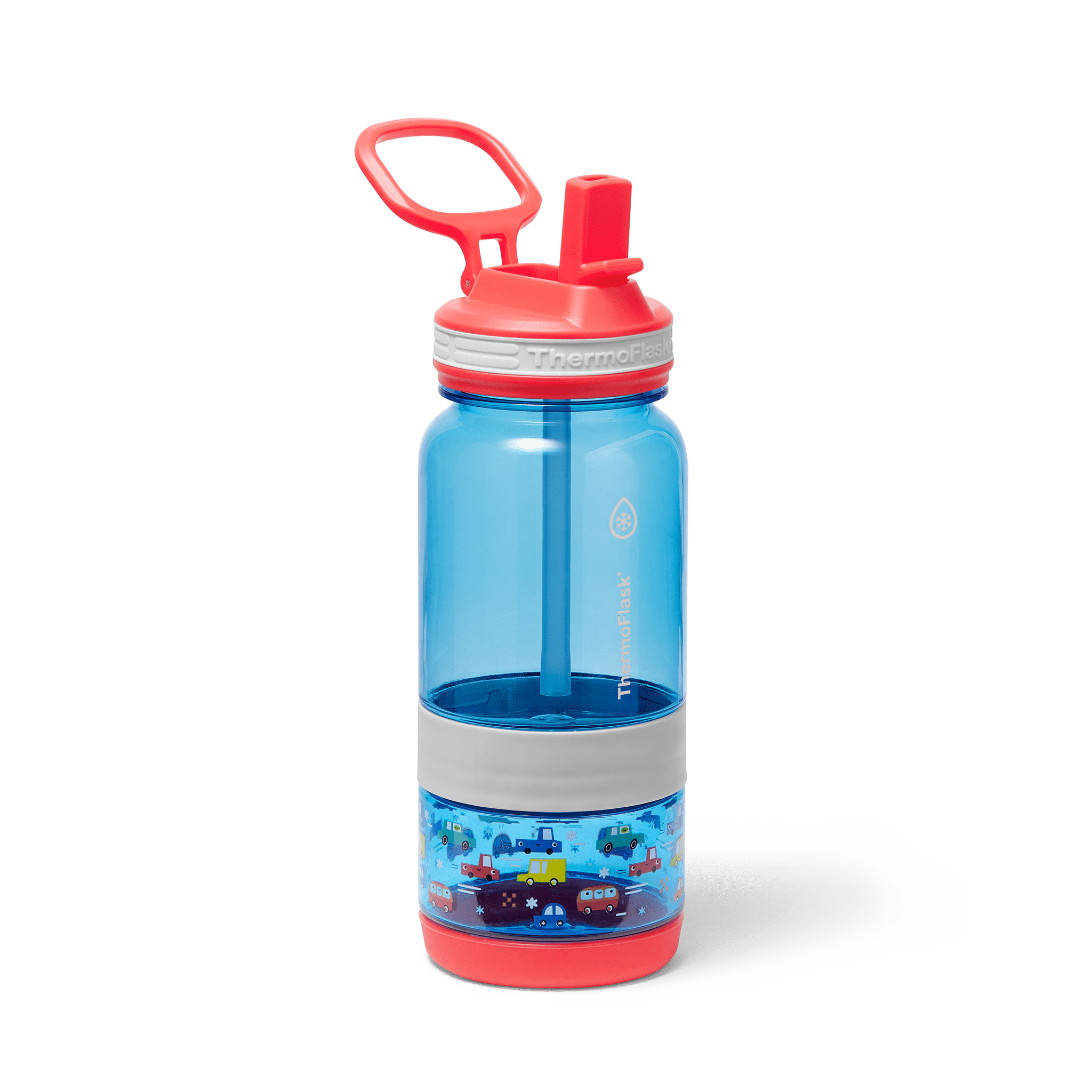 ThermoFlask 14 oz 2-in-1 Snack and Sip Durable Tritan Bottle with Integrated Snack Cup Compartment - Leakproof Folding Straw Lid - Protective Bumper - Cars Design