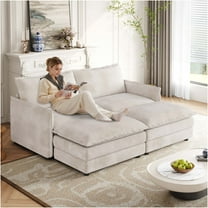 JERFIT 4-Seater Corduroy Cloud Sofa Set with Ottomans, Beige Upholstered Recliner Couch for Living Room, Deep Seat Comfort