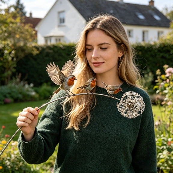 Robin Garden Stake Kinetic Memorial Garden Decor with Three Perched Birds and Whimsical Dandelion Outdoor Garden Decor, For Yard Lawn Patio Decoration-22"