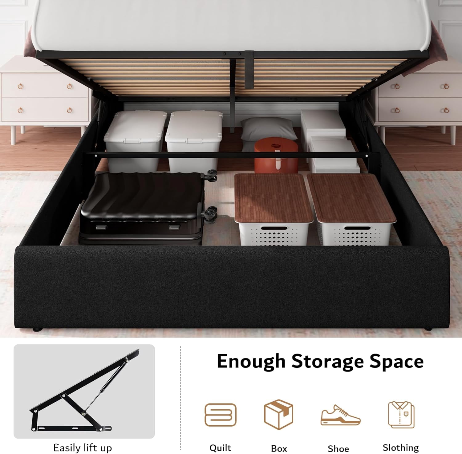 iPormis Queen Lift Up Storage Bed Frame with Charging Station, Upholstered Platform Bed Frame with Velvet Headboard, Hydraulic Storage,Black