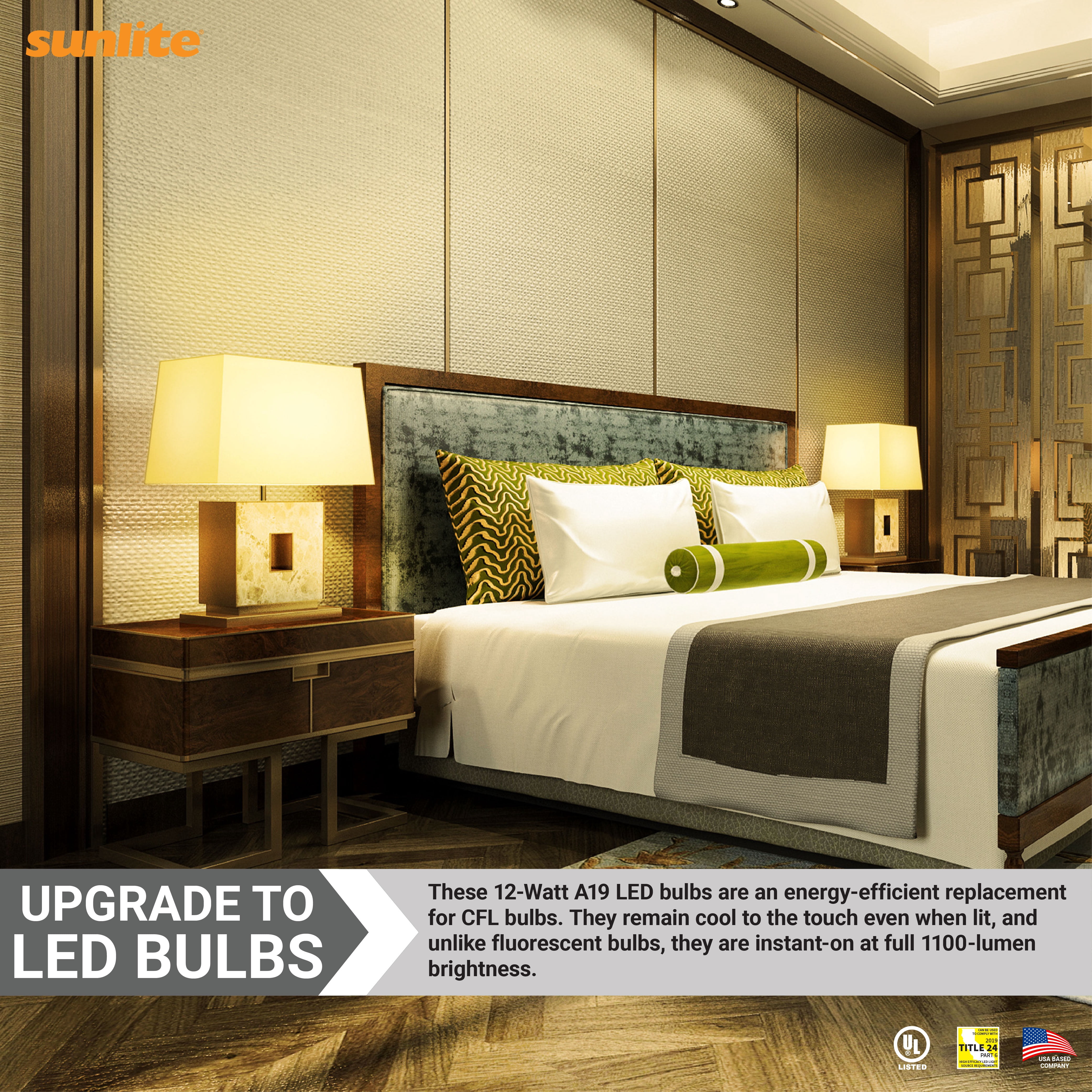 Sunlite LED A19 Light Bulb, 12 Watts (75 Watts Equivalent), 1100 Lumens, 120 Volts, Dimmable, GU24 Base, 90 CRI, Title-24 Compliant, UL Listed, 3000K Warm White, 6 Pack