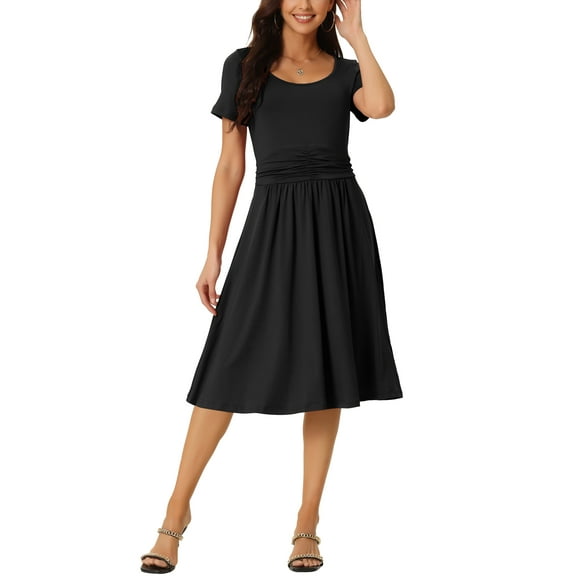 INSPIRE CHIC Women's Casual Knit Dress with Pockets Scoop Neck Short Sleeve Ruched Midi A-Line Dress Black S