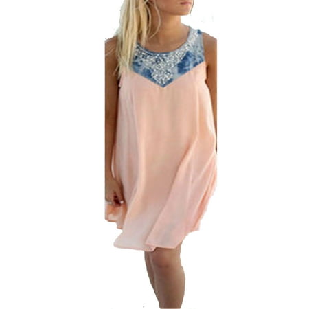 Plus Size Women Boho Party Dress Sleeveless Baggy Tops Casual Loose Summer Beach Patchwork Sundress