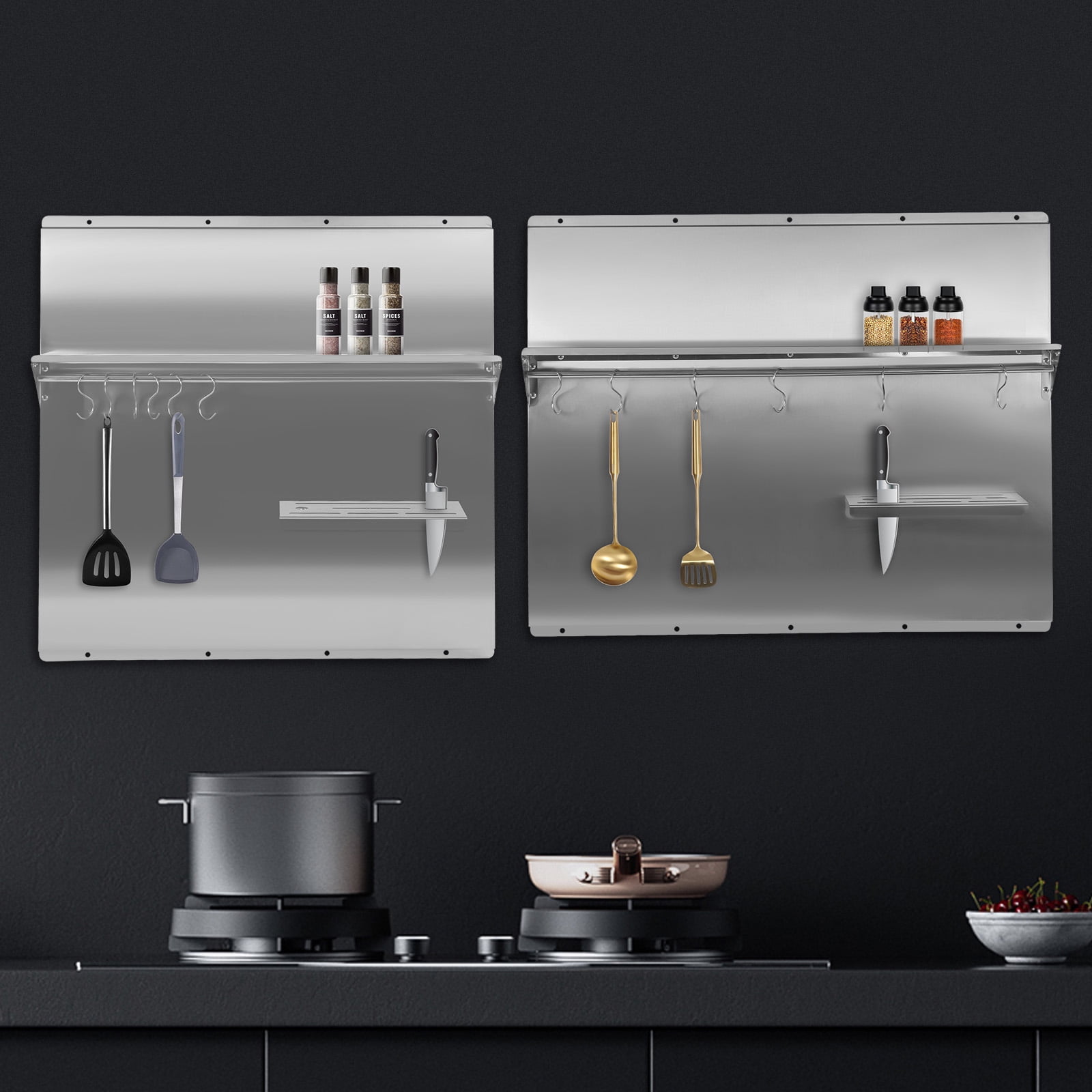 Wildnix Wall-Mounted Stainless Steel Range Backsplash with Storage Shelf, 30kg Capacity, 6 S-Shaped Hooks, Cross Bar, Modern Design for Kitchen Organization